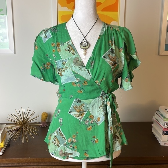ANTHROPOLOGIE | Meadow Rue GREEN Bon Voyage Wrap Waist Tie Blouse Size 4 - Picture 1 of 7